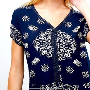 Brave Soul Narita Printed Top with Crochet Trim - Navy / S